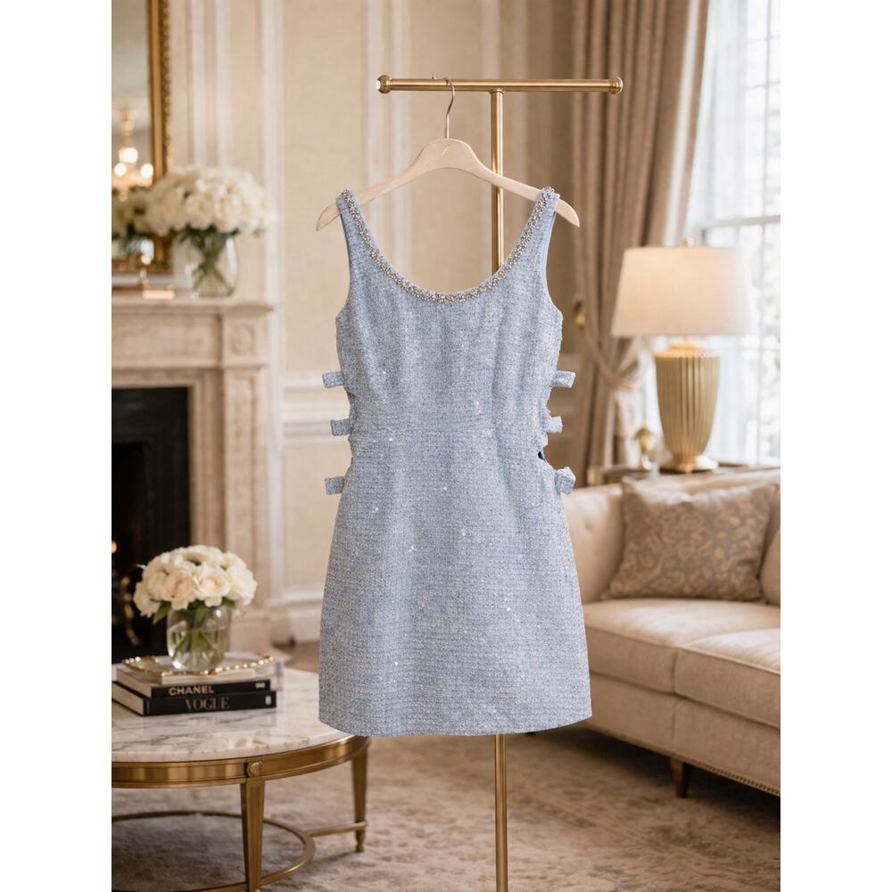 Self Portrait Blue Tweed Sequin Mini Dress 4 Small Rhinestone Party Cocktail Fun